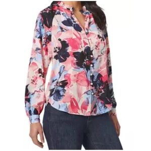 Jones New York Petite Printed Ruffled Peasant Blouse, Size PM NWT‎